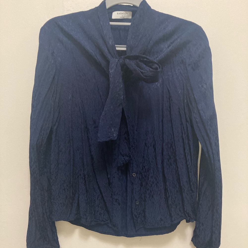 Navy blue textured blouse with tie at neck